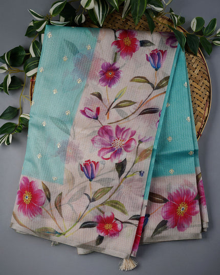 Kota Silk Saree With Thread Work Butties Floral Border - SKY BLUE