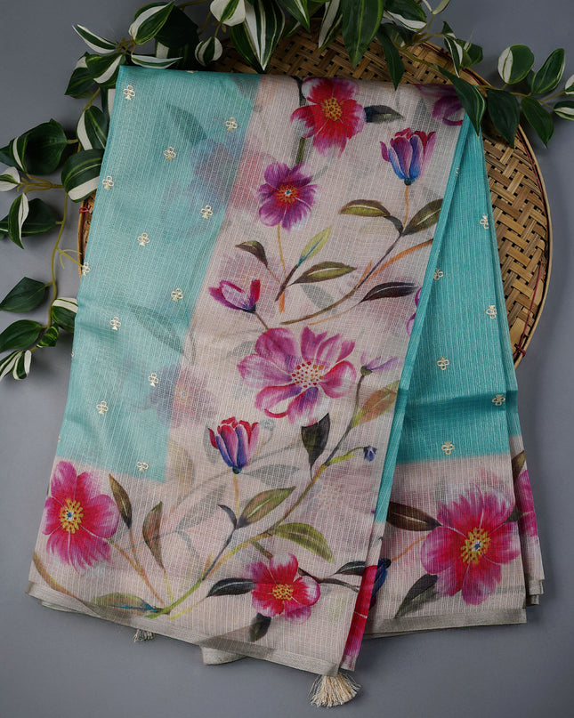 Kota Silk Saree With Thread Work Butties Floral Border - SKY BLUE