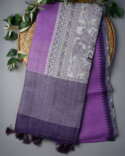 Lenin Silk Saree with Madhubani Print with Contrast Border- Violet