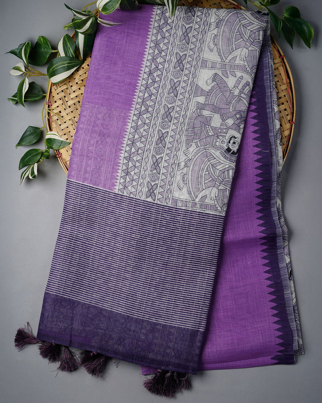 Lenin Silk Saree with Madhubani Print with Contrast Border- Violet