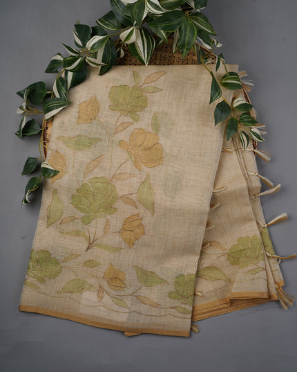 Tissue Lenin Saree with Floral Print and Ari Work- Beige and Green
