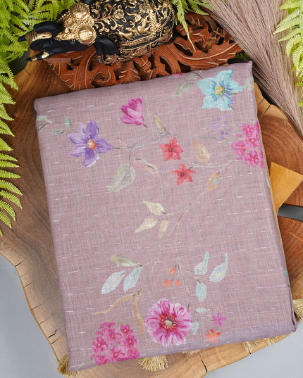 Lenin Silk saree with Floral Pallu and Silver Zari Border- Lavender