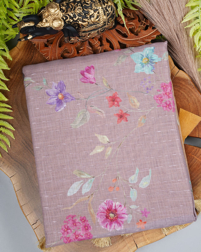 Lenin Silk saree with Floral Pallu and Silver Zari Border- Lavender