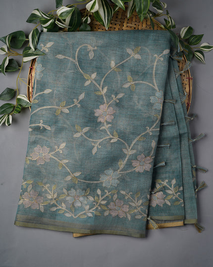 Tissue Linen Saree With Floral Print And Ari Work - Mint Blue