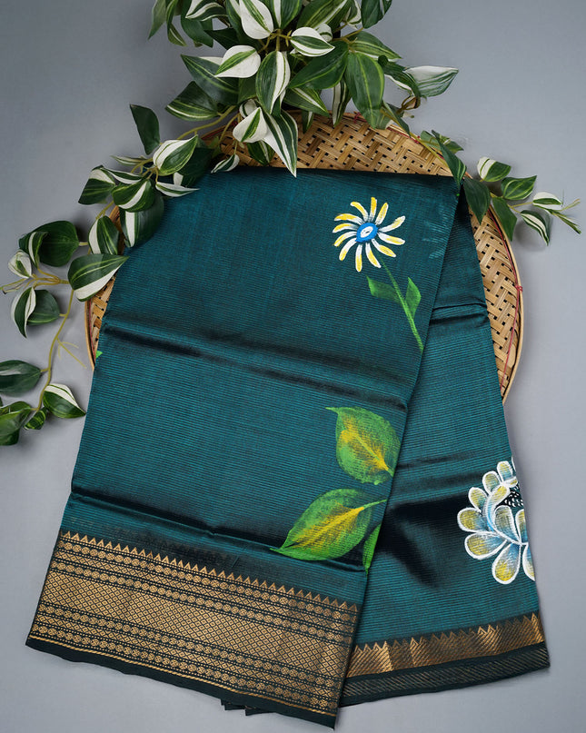 Mangalagiri Silk Saree With Hand Painting - Green