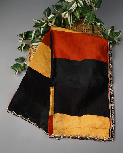 Crepe Saree With Multi Checks Scallop border With Kardhana Pearl Work - Multi Color