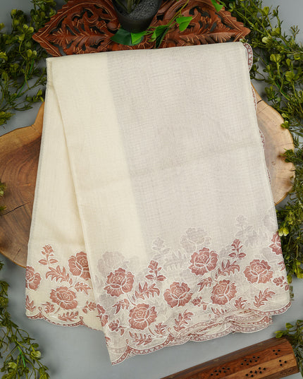 Kota Silk Saree with Floral Print and Ari Work Scallop Border- Cream and Brown