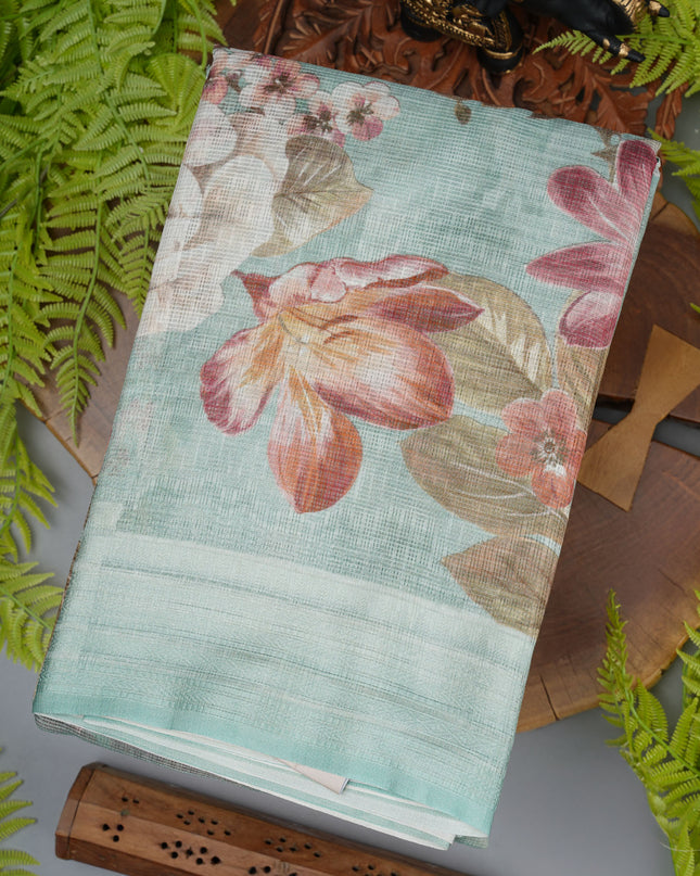 Kota cotton Saree with Floral Print - Mint Green