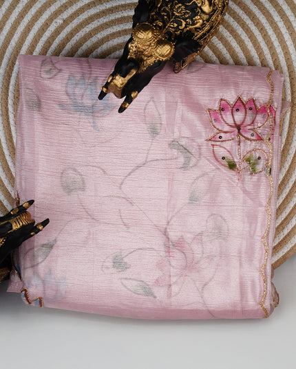 Crush tissue saree with hand painting butties and scallop border Kardana & Sequence Work - Light Pink