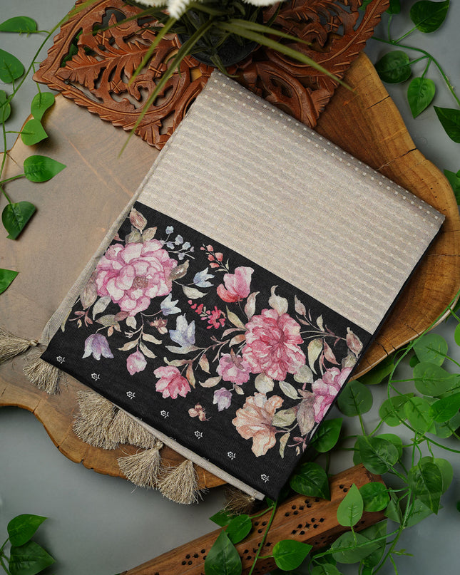 Tissue Silk Saree with Floral Print and Subtle Vertical Stripes and Small Delicate Motifs- Black