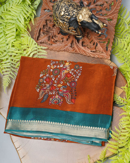Binny crepe saree peacock design with golden border - Rust