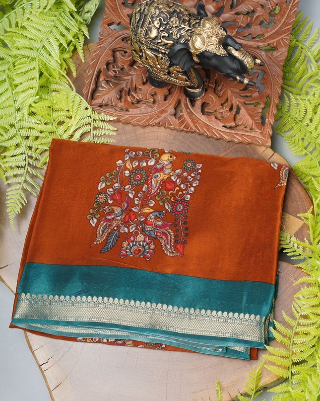 Binny crepe saree peacock design with golden border - Rust