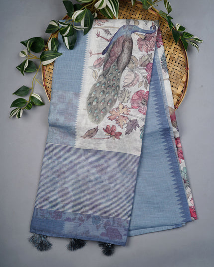 Linen Silk Saree With Floral Digital Print - White
