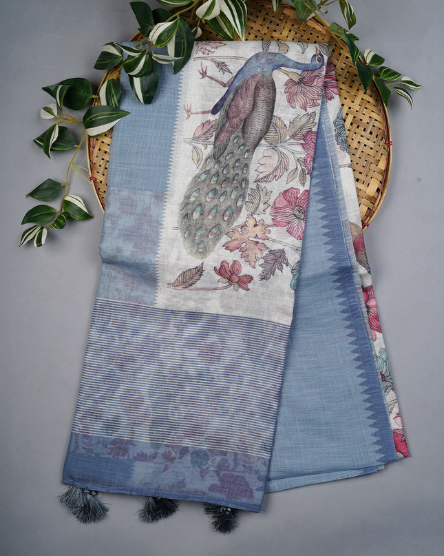 Linen Silk Saree With Floral Digital Print - White
