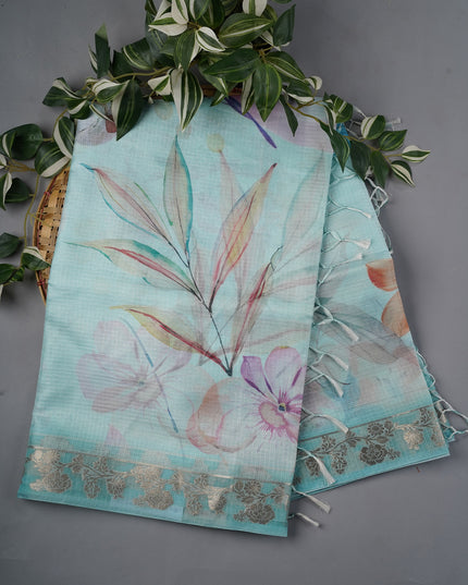 Silk Kota Floral Print with Banaras Border- Sky Blue