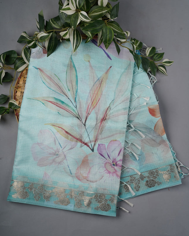 Silk Kota Floral Print with Banaras Border- Sky Blue