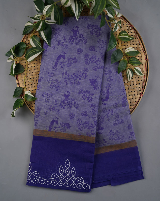 Chanderi Silk Saree with Floral Print and Contrast Border- Blue