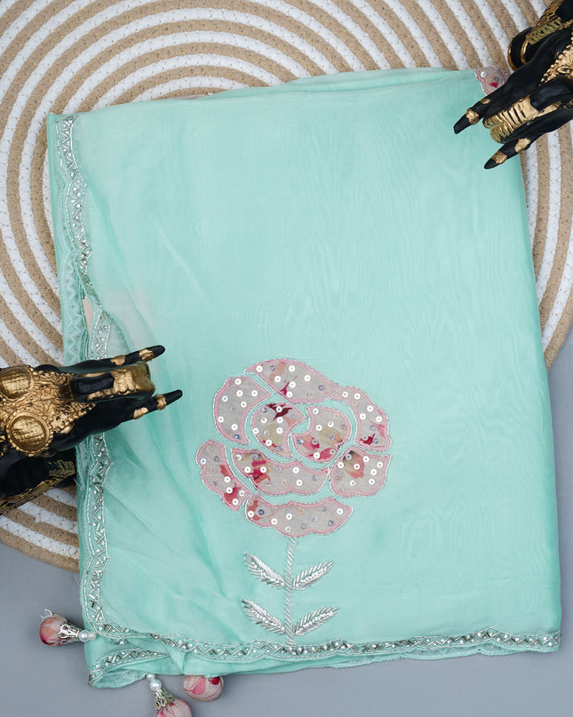 Italian Crepe saree with Kardhana sequence work and Scallop Border - Mint Green