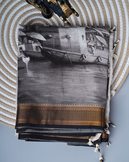 Muslin silk saree with Abstract Digital Printed and golden border - Black