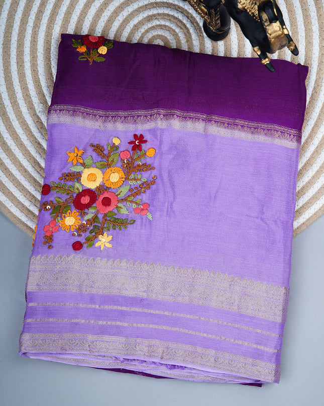 Chinnon Crape Saree French Knot Work Design and Golden Zari Gap Border Border - Purple