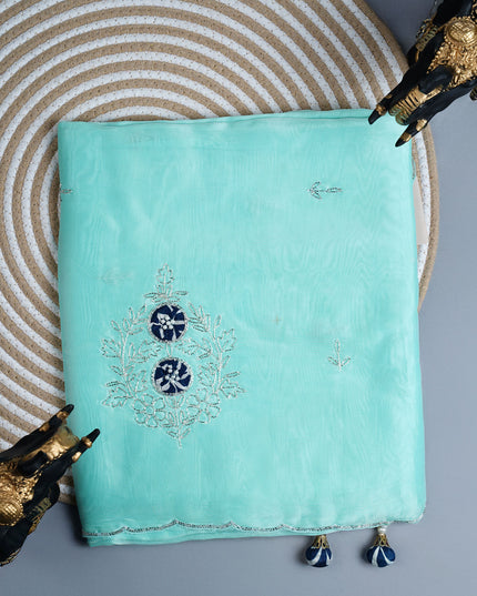 Russian silk saree with applique & Kardhana Work and scallop border - Sea Green