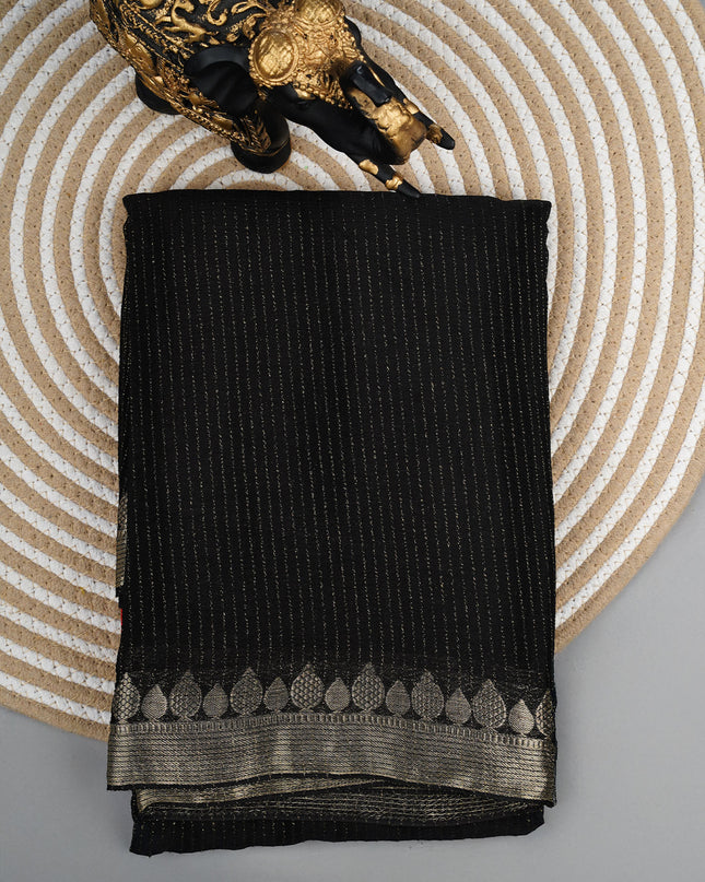 Korean Crepe Saree with Golden Zari Border - Black