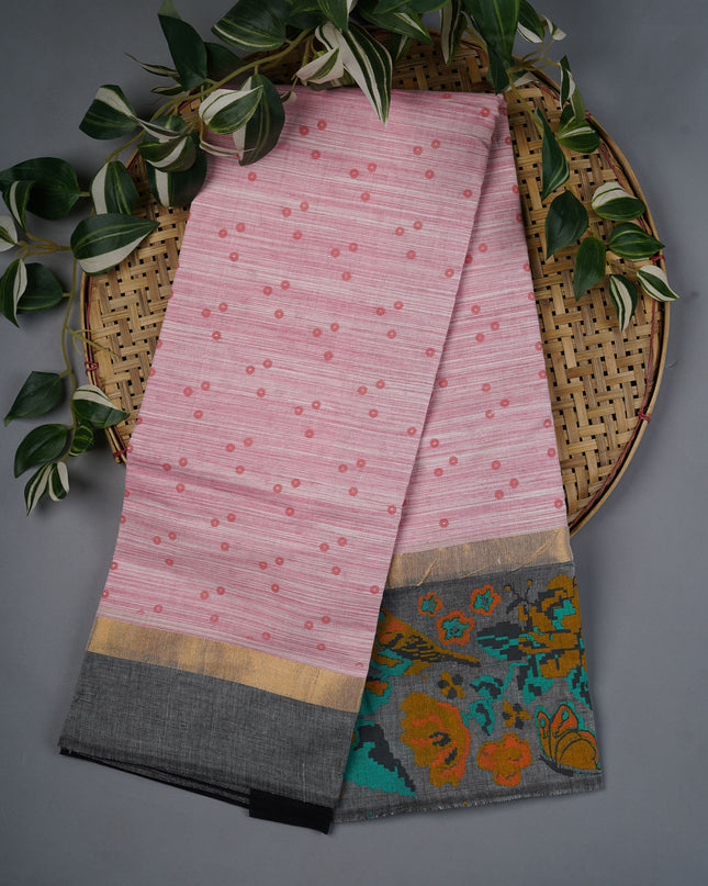 Chanderi Silk Saree With Floral Print Border - Baby Pink
