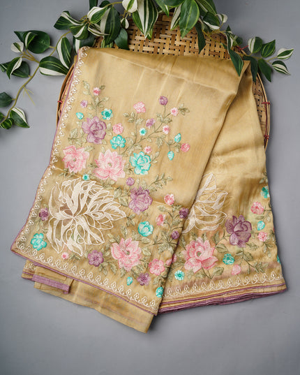 Tissue Georgette With thread Embroidery Work And Border - Mehndi