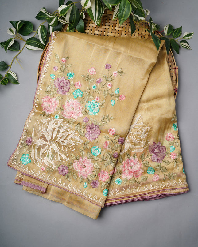 Tissue Georgette With thread Embroidery Work And Border - Mehndi