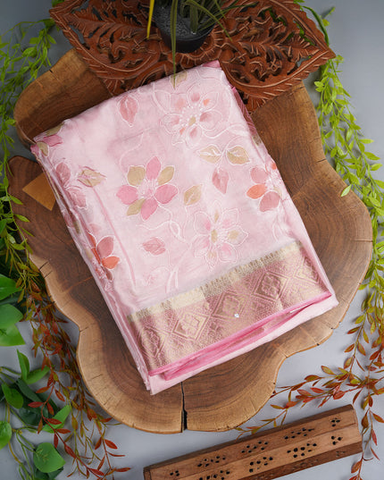 Soft Organza With Floral Embroidery & Gold Zari Border - Baby Pink