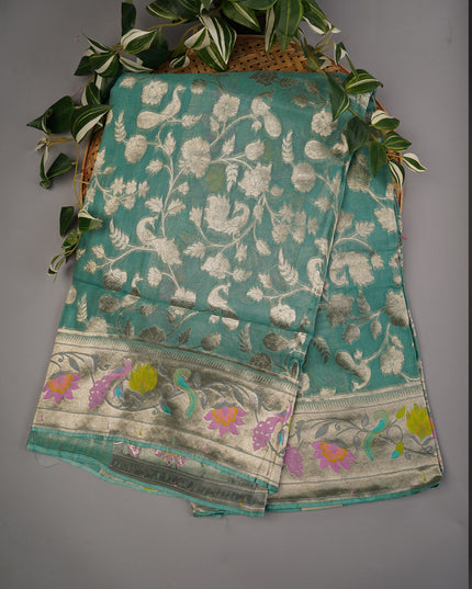 Kaddi Georgette Paithani Border - Sea Green