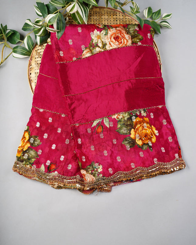 Crepe Saree With Floral Print Scallop Border Kardhana Sequence Work - Magenta