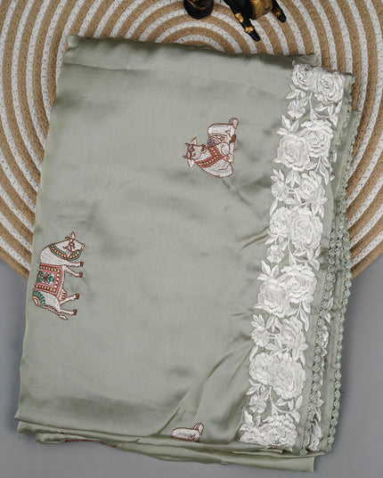 Mashru satin saree with pichwai butties and Parsi Work lace border - Mashru satin