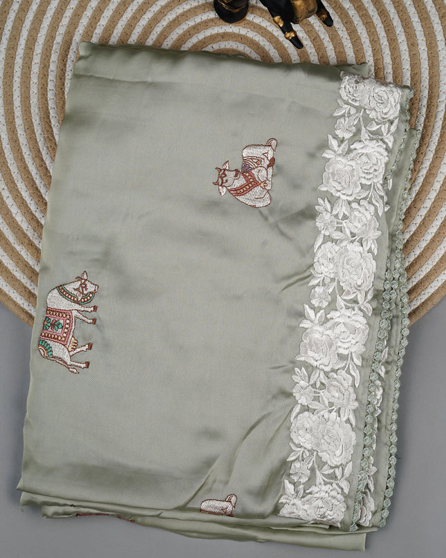 Mashru satin saree with pichwai butties and Parsi Work lace border - Mashru satin