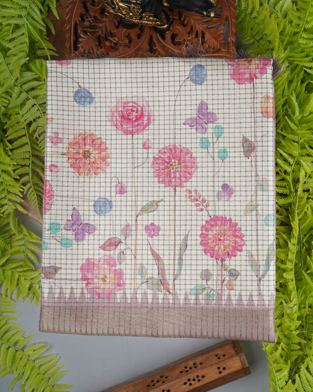 Tusser saree weaving checks floral print golden border - White Brown