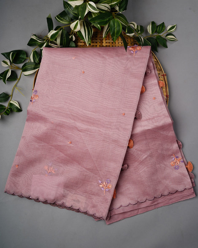 Tissue Linen Saree With Thread Knot Work Butties With Scallop Border - Light Lavender