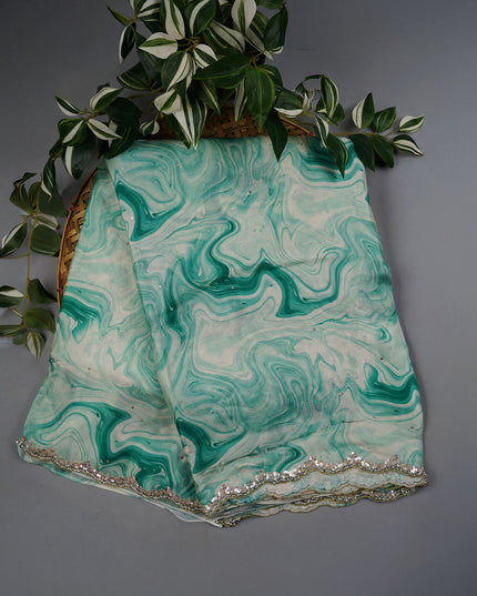 Satin Silk Saree With Shibori Print Scallop Border Kardana Sequence Work - Sea Green