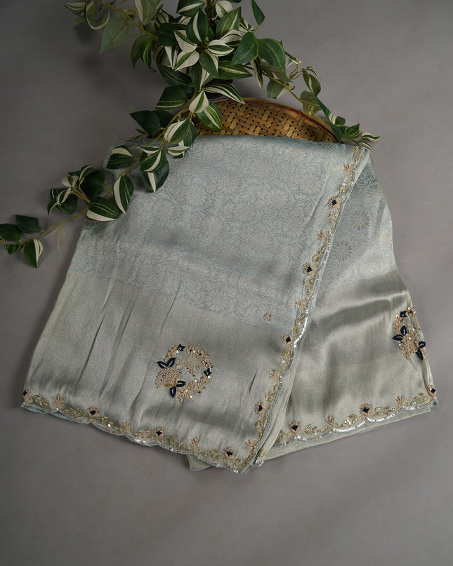 Monga Georgette With Scallop Border & Zardosi Hand Work - Blue