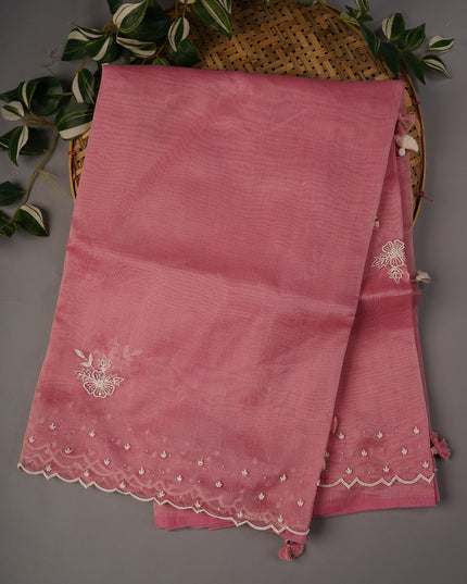 Jute Linen Tissue Pearl Work Buttis With Scallop Border - Pink