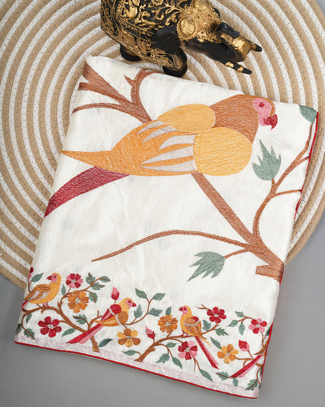 Dupion saree with  golden butties and thread work and border  - White