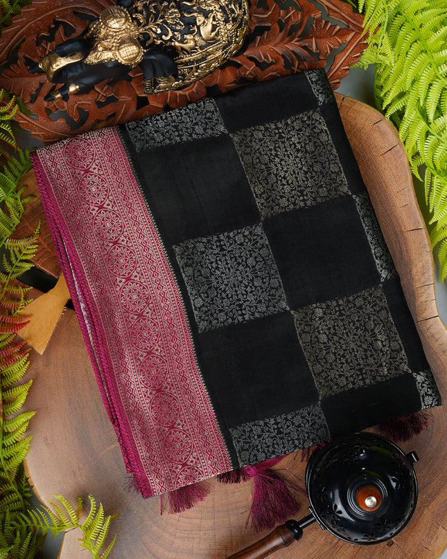 Banaras Silk Saree With checks Gold & Silver Zari Buttis and Border - Multicolour