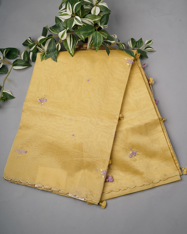 Tissue Linen Saree With Thread Knot Work Butties With Scallop Border - Light Yellow