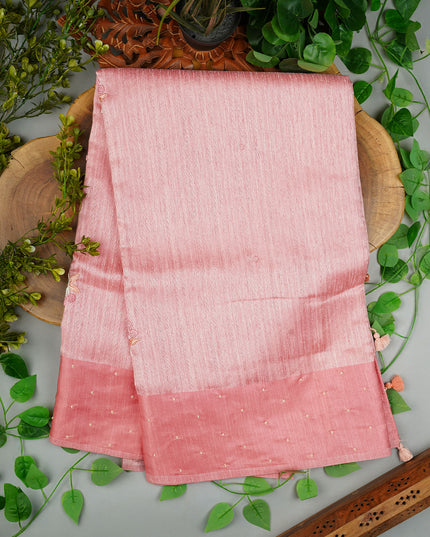 Jute Lenin Silk Saree with Satin Border and Pearl Work Butties- Pink