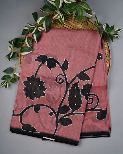 Kota Silk Floral Print Ari Work With Lace Border - Peach