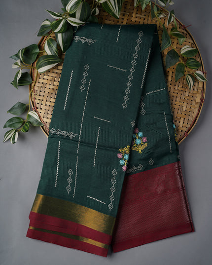 Mangalagiri Silk With Thread Embroidery Work And Contrast Border - Bottle Green
