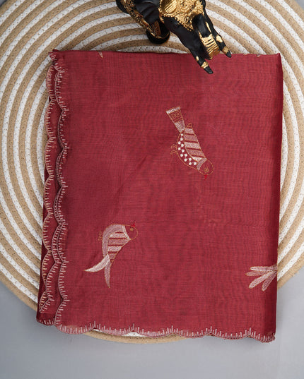 Linen saree with thread work motifs and scallop border - Maroon