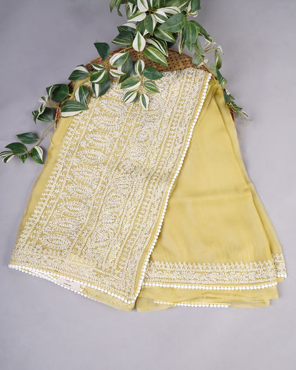 Soft Tissue Organza Silk with Kantha Work Lace Border - Mehndi Green