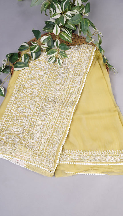 Soft Tissue Organza Silk with Kantha Work Lace Border - Mehndi Green