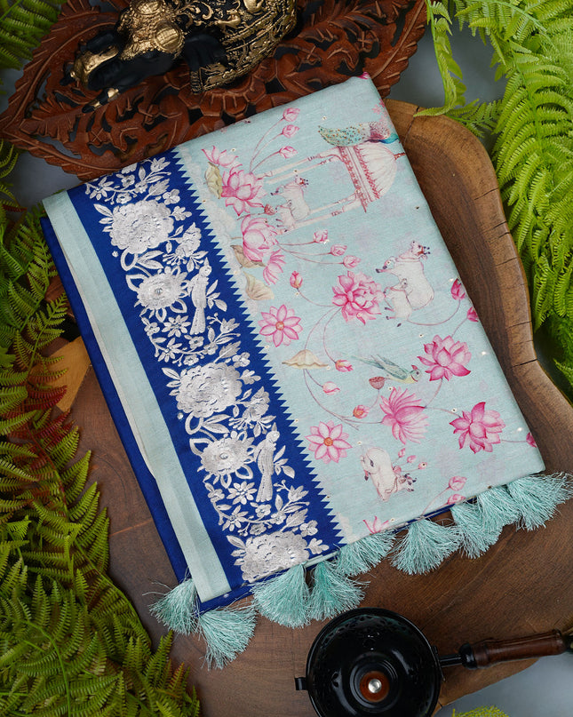 Tusser Silk saree with Parce Work Border - Lite Blue