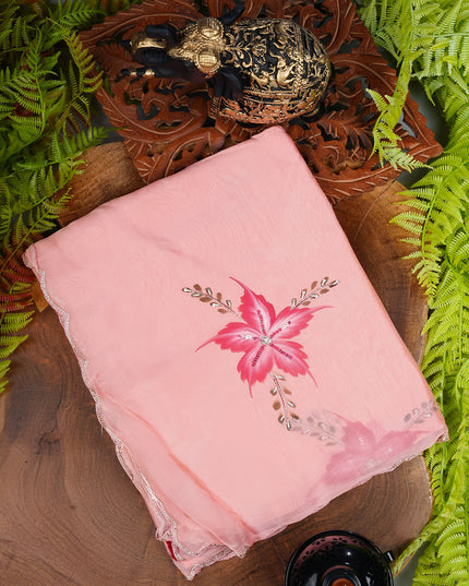 Italian Crape Saree with Floral print and Kardhana  Pearl Work with Scallop Border- Light Pink